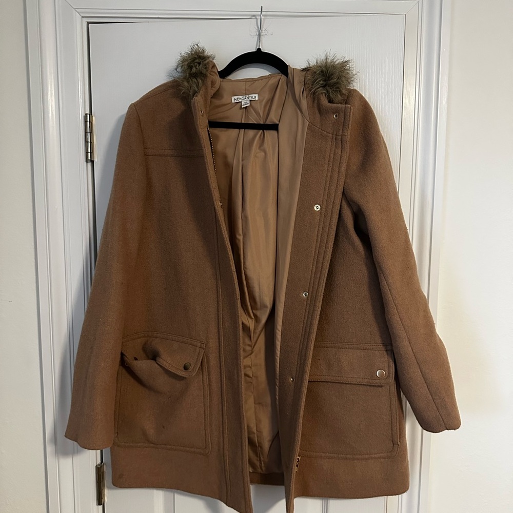 Women's Brown Coat with Faux Fur Hood